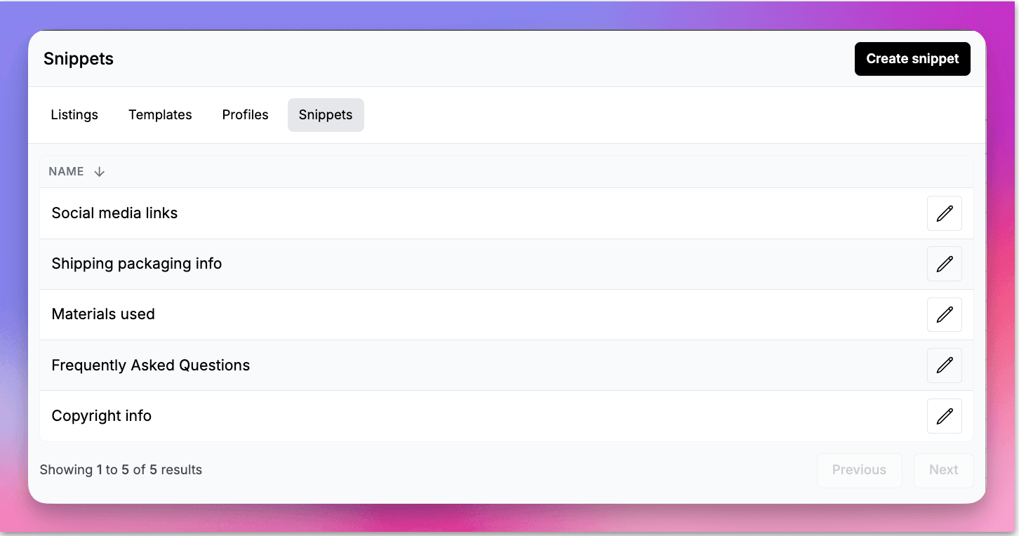 using snippets on Listadum