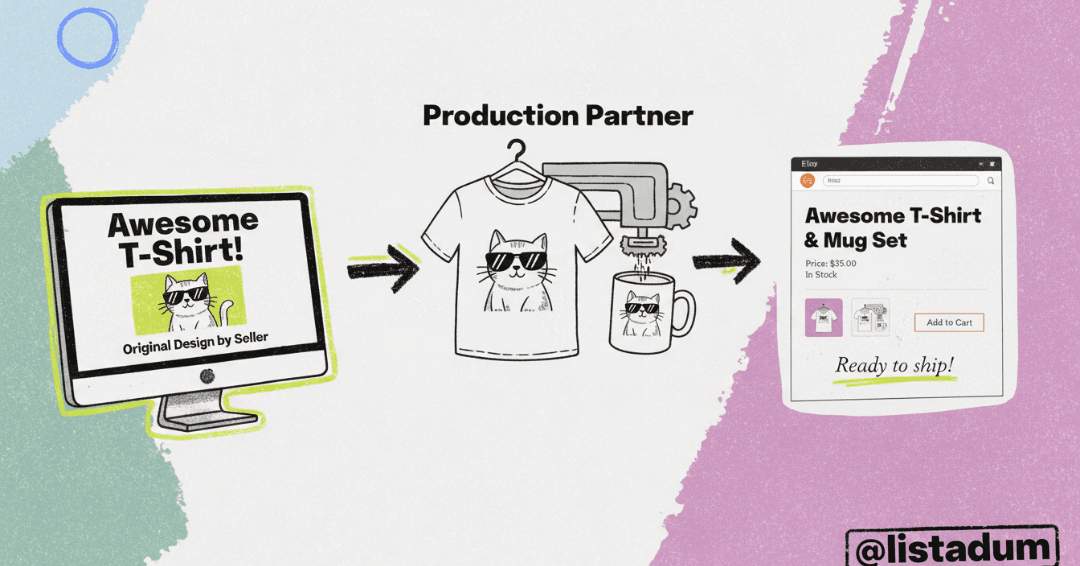 An Etsy print-on-demand workflow: a seller's original design on a screen, an arrow to a production partner printing it onto a t-shirt and a mug, and an arrow to an Etsy shop listing. Shows the seller designs, a partner produces, the shop sells. No text baked into the image.