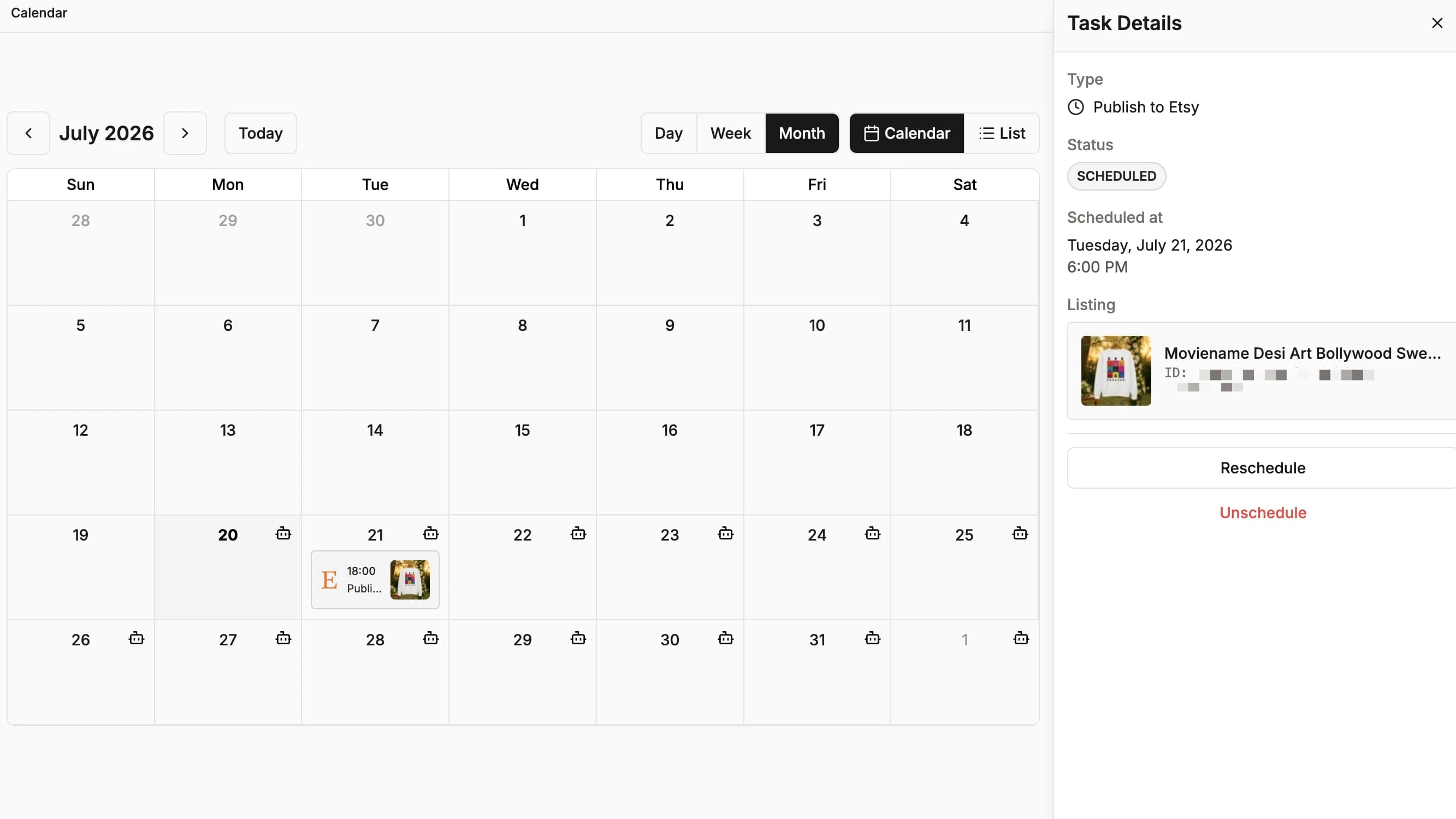 Manage scheduled listings in a calendar
