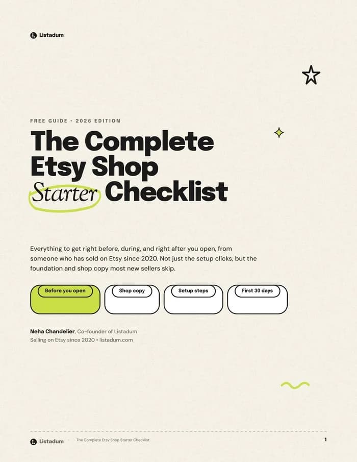 Cover of Download our free Etsy Shop Starter Checklist by Listadum
