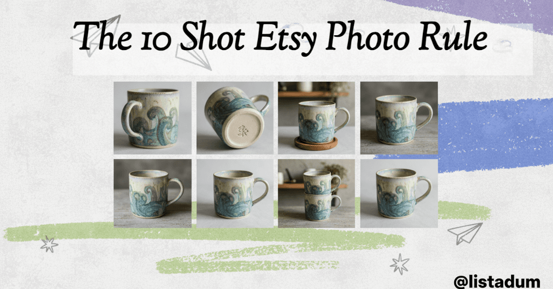 One handmade product shown as a grid of ten photo thumbnails, each capturing a different angle or use, arranged like an Etsy listing's image strip.