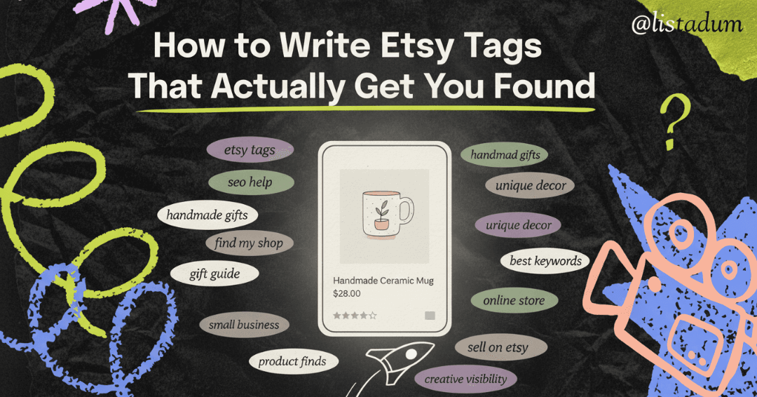 A single Etsy product listing card surrounded by 13 small tag chips floating around it, a few chips glowing to suggest the strong ones being selected.