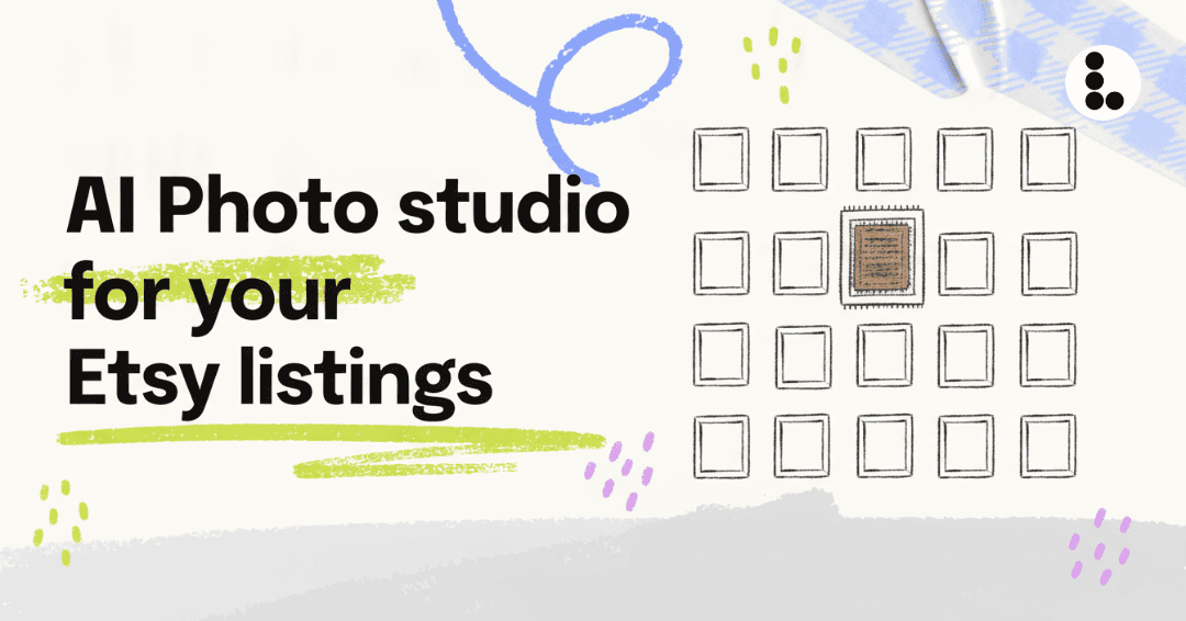 AI product photos for your Etsy listings: an illustrated grid of twenty picture frames, one holding a woven rug and the rest standing empty