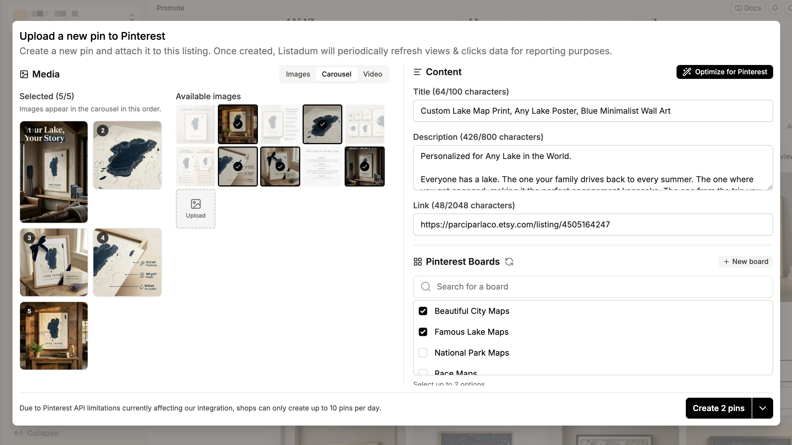 Create Pinterest pins from Etsy listings